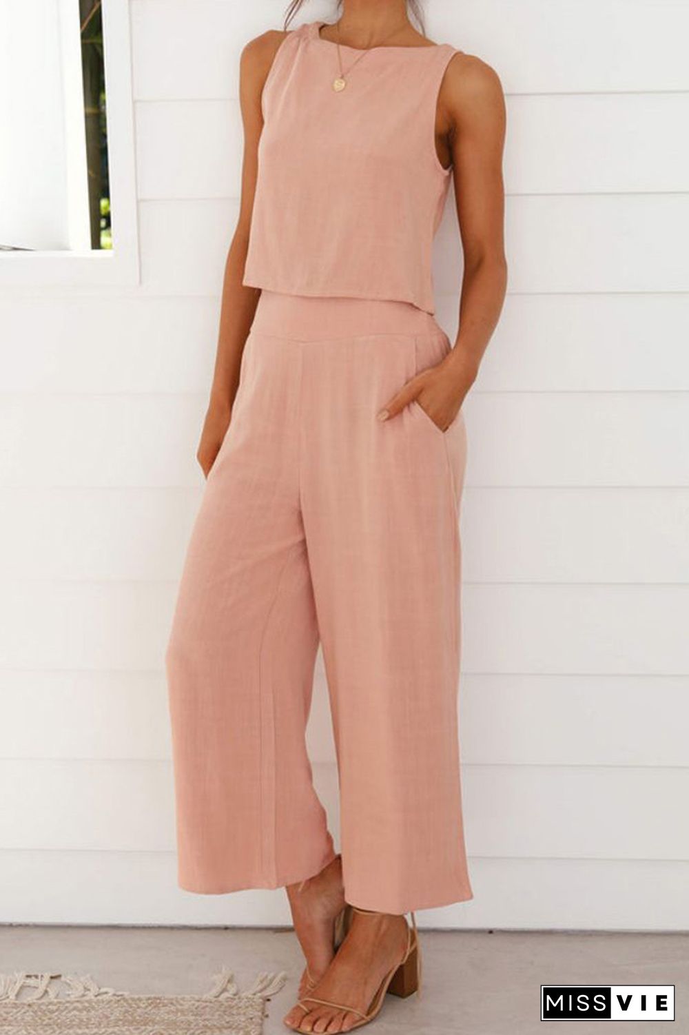 Plain Lien Tank Top With Wide Leg Pants 2pcs Set