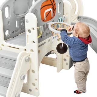 7-In-1 Gray HDPE Playhouse with Slide Arch Tunnel Ring Toss and Basketball Hoop LN20232351