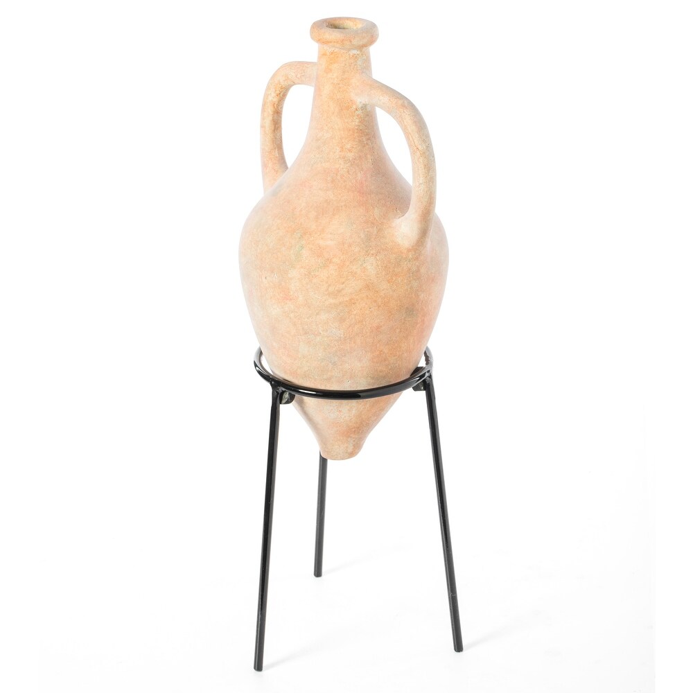 Antique Style Vase  Amphora  Decorative Large Tall Vase  Unique Vase on Slim Black Metal Tripod Stand  21 Inch Tall Beige Vase