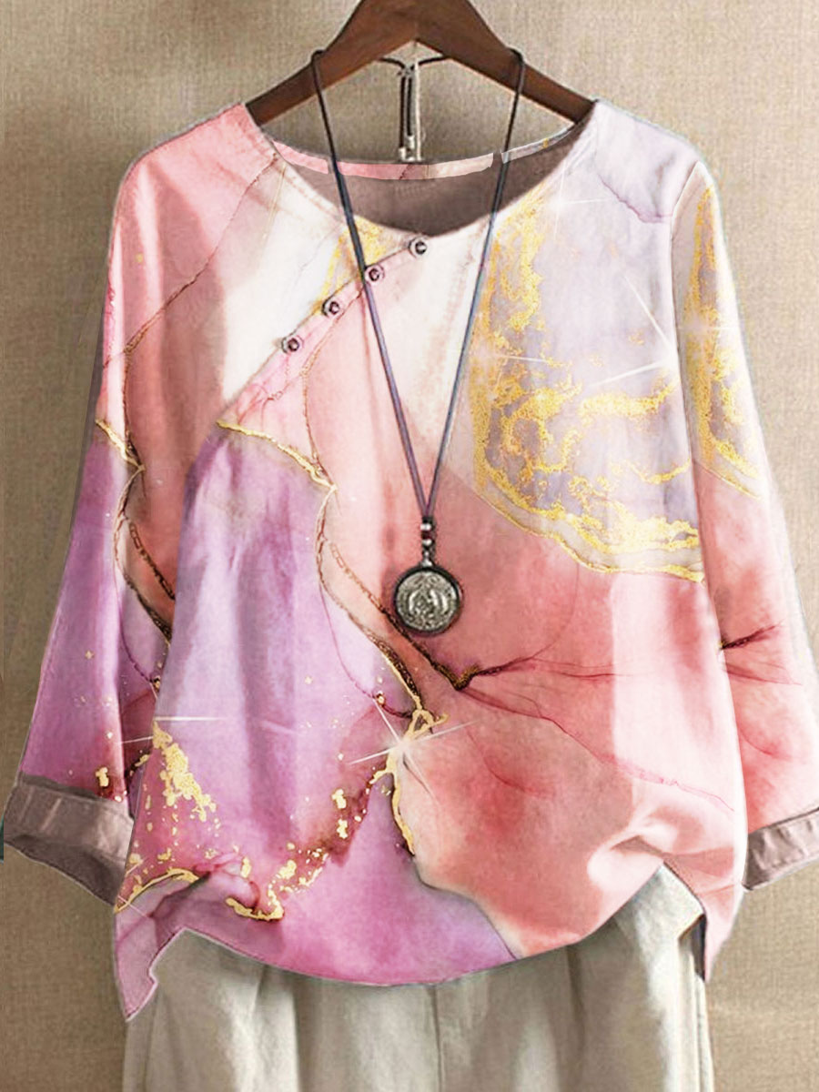 Round Neck Casual Loose Bronze Marble Print Long Sleeve Blouse