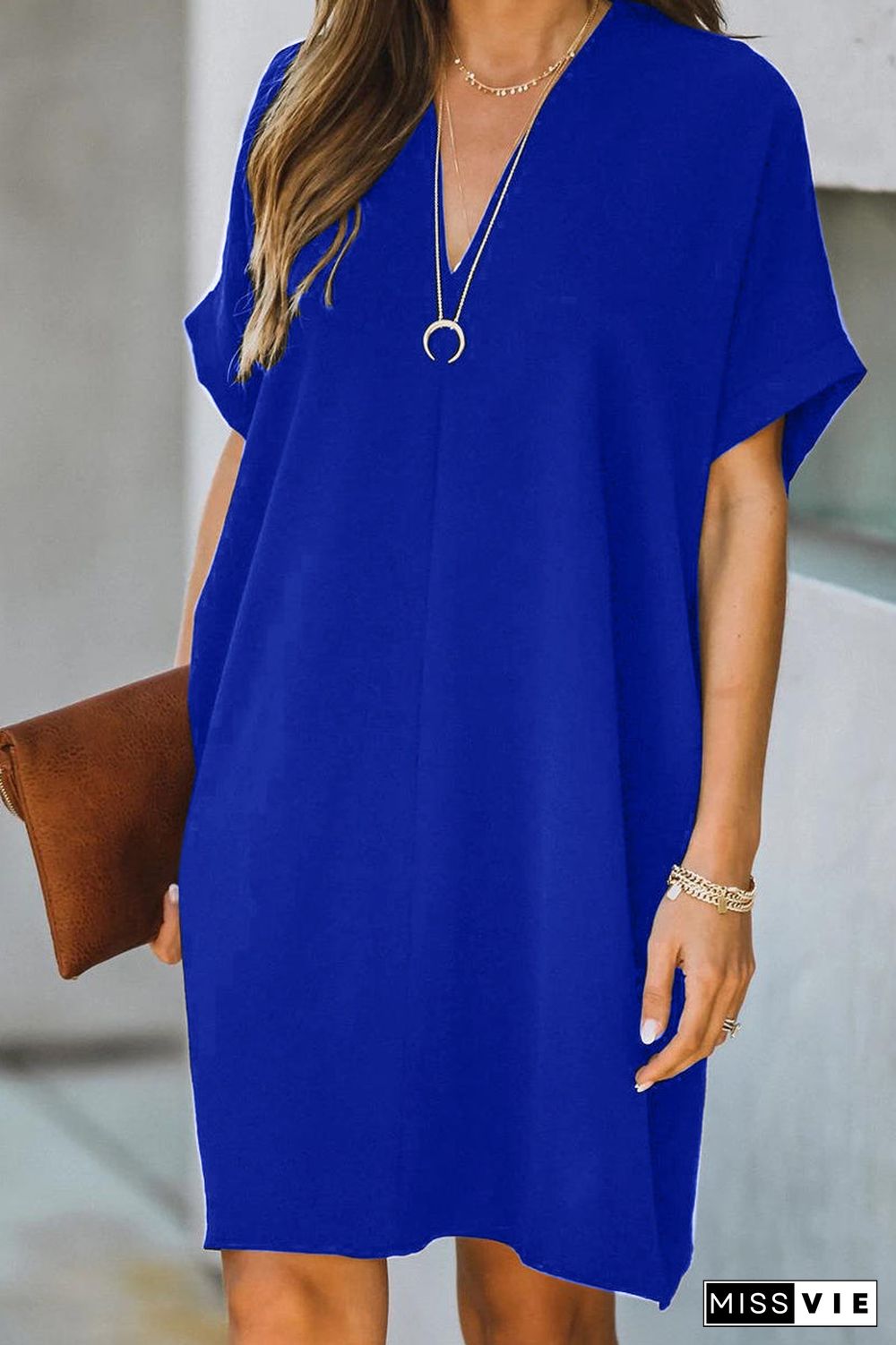 Solid Color V-Neck Loose Midi Dress