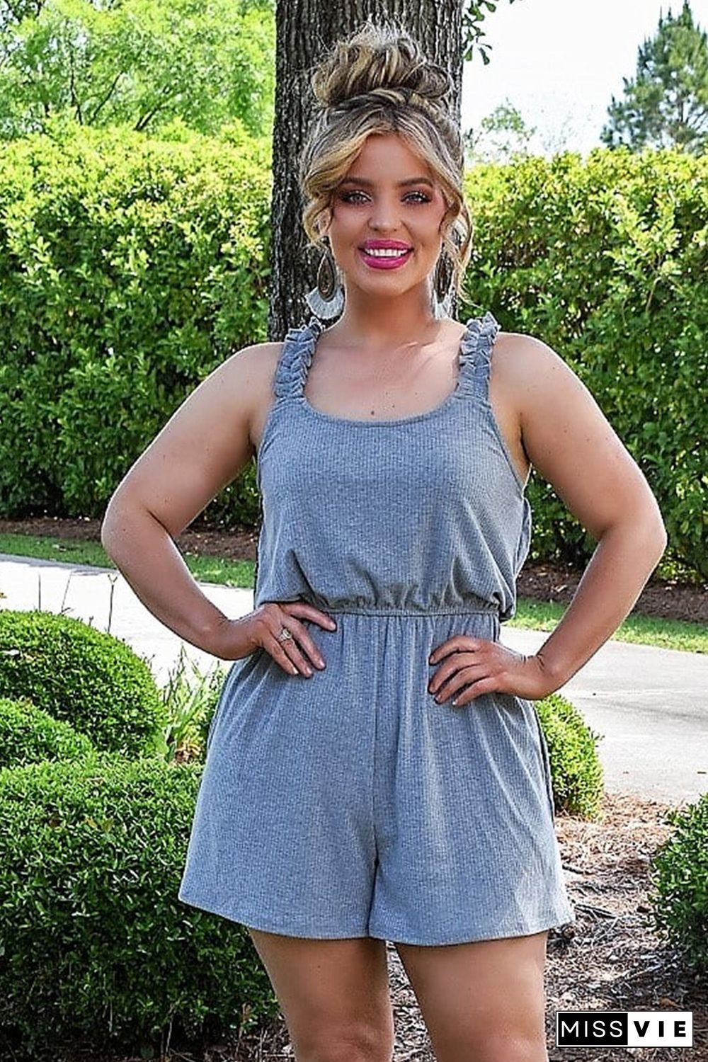 Gray Knit Frill Sleeveless U-Neck Romper