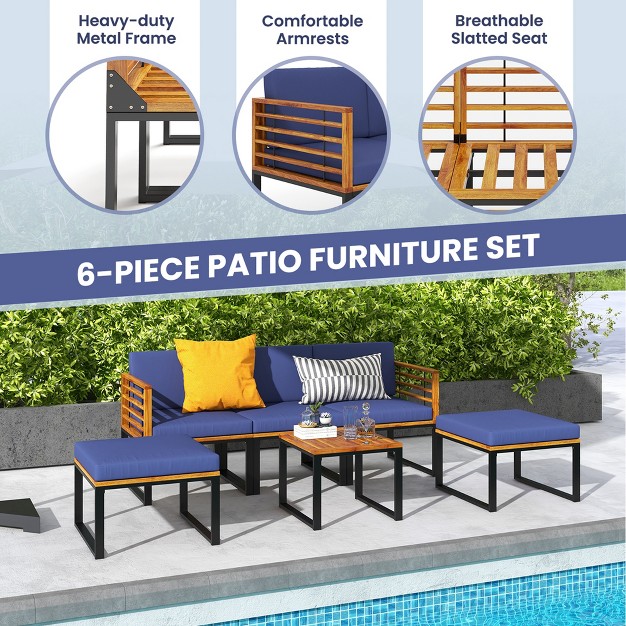 Costway 6pcs Patio Acacia Wood Conversation Sofa Seat Set Ottomans Table Outdoor Navy