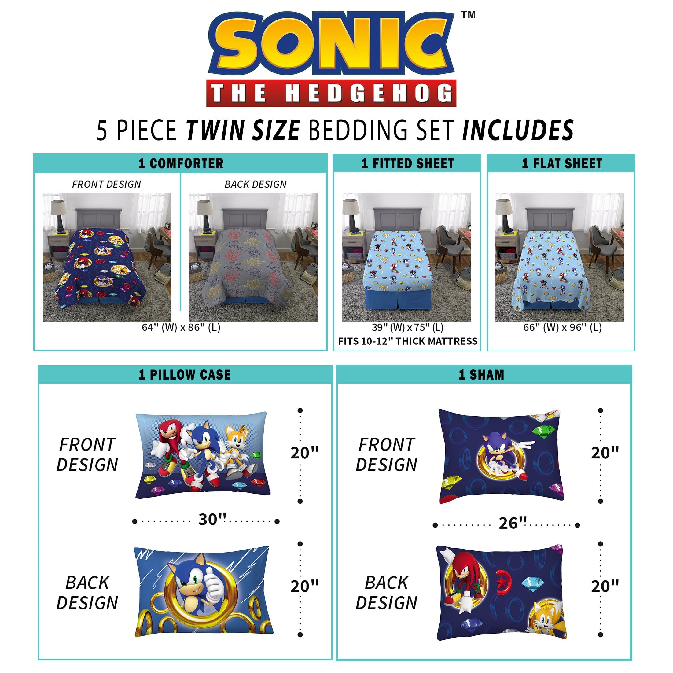 Sonic the Hedgehog Kids Twin Bed in a Bag, Gaming Bedding, Comforter Sheets and Sham, Blue