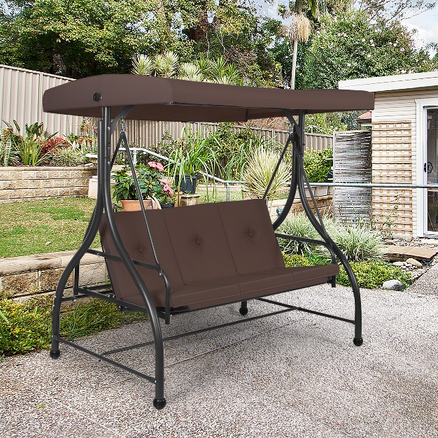 Costway Converting Outdoor Swing Canopy Hammock 3 Seats Patio Deck Furniture Brown