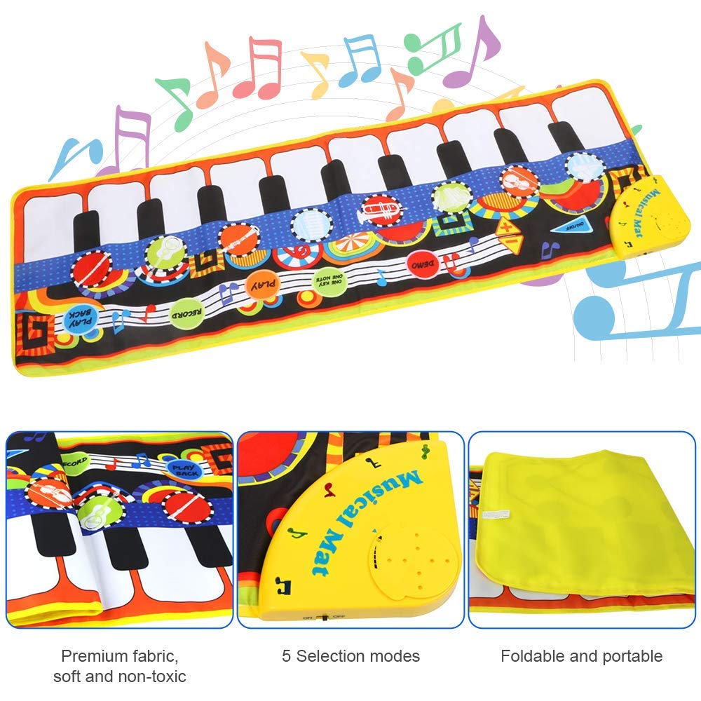 Piano Music Mat， Keyboard Play Mat Music Dance Mat with 19 Keys Piano Mat， 8 Selectable Musical Instruments Build-in Speaker and Recording Function for Kids Girls Boys， 43.3'' x14.2''