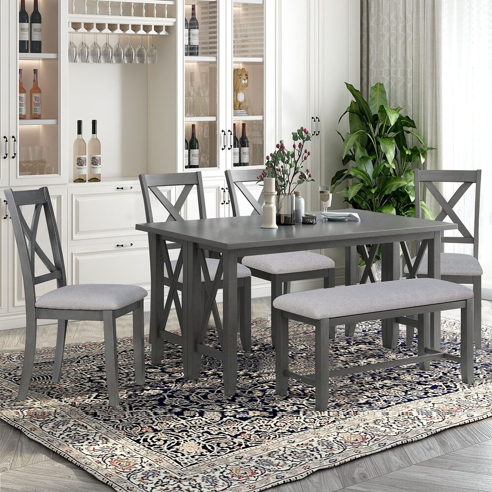 6pcs Family Dining Room Set with Foldable Table  4 Chairs and Bench