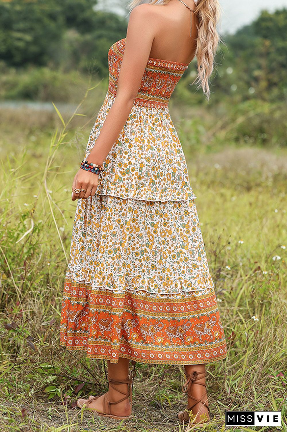 Orange Floral Smocked Bandeau Tiered Maxi Dress