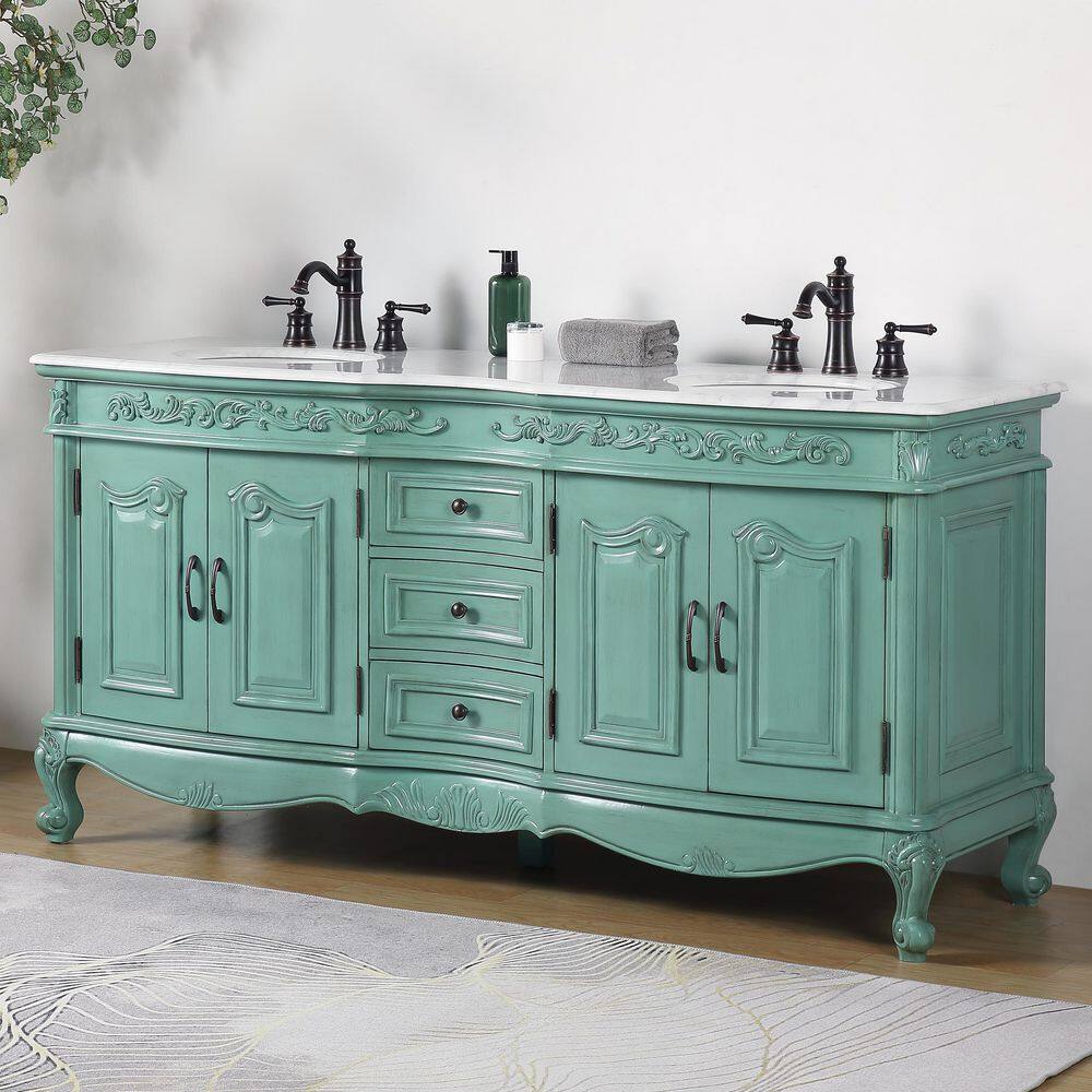 Silkroad Exclusive 72 in. W x 22 in. D x 36 in. H Freestanding Bath Vanity in Green with Carrara White Marble Top V8034NW72D