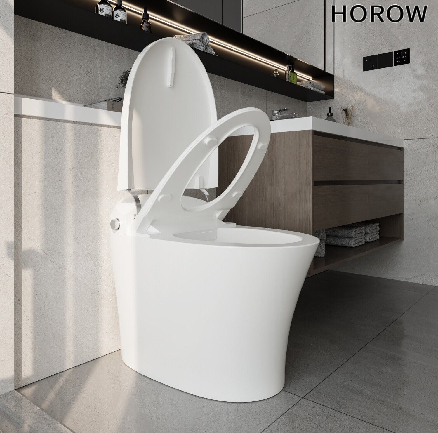 HOROW Tankless Toilet Bidet Combo with Self-Cleaning Nozzle, Compact Dual Flush Toilet 1/1.27 GPF, Modern One-Piece Toilet Elongated Soft Close Seat, HR-T15