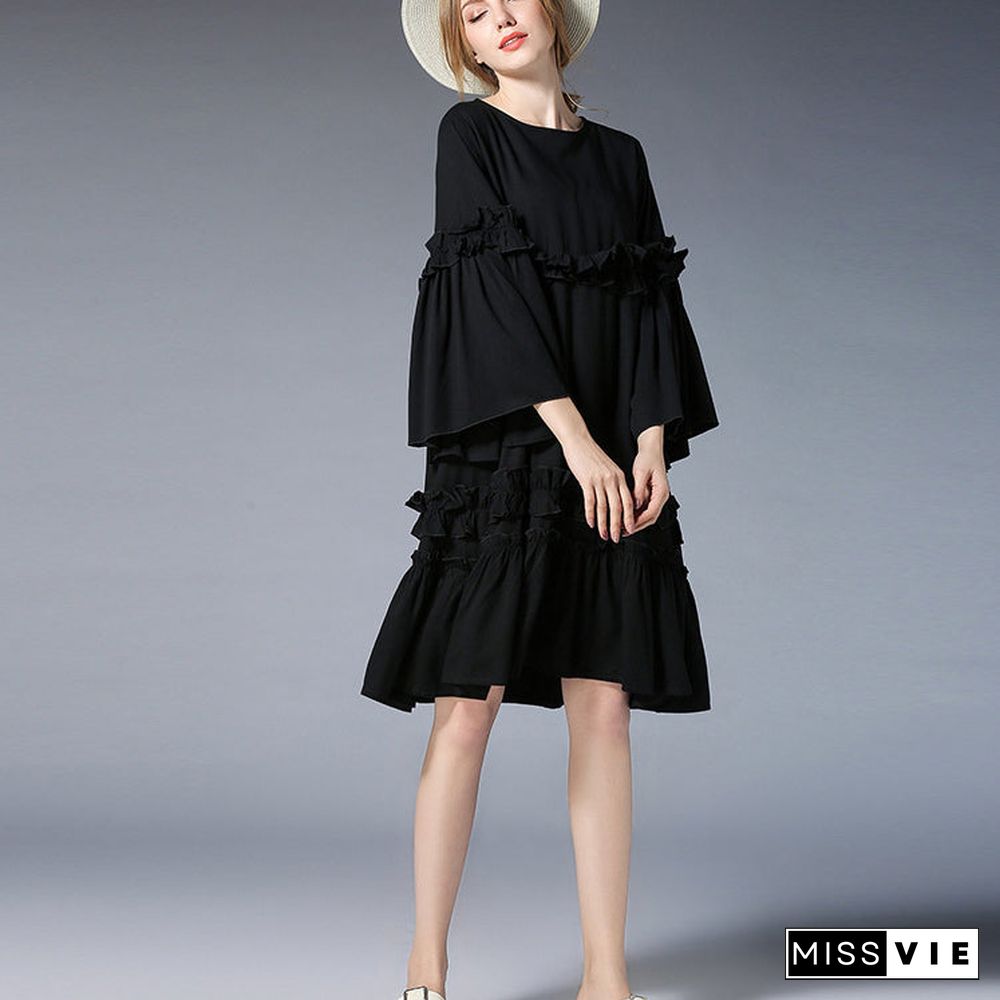 fashion black Midi-length linen dress plus size clothing linen maxi dress Elegant flare sleeve ruffles midi dress