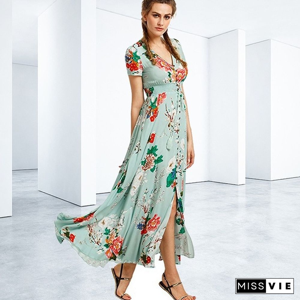 Womens Fashion Bohemian V Neck Print Big Swing Long Dress Plus Size