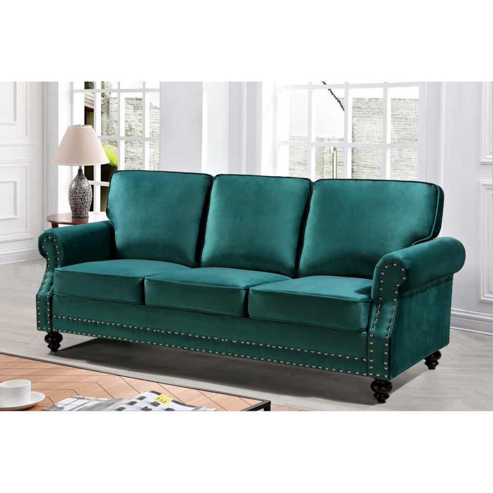 Traditional Sofa  Velvet Seat  ampRolled Arms With Nailhead Accents   Eclectic   Sofas   by Decorn  Houzz