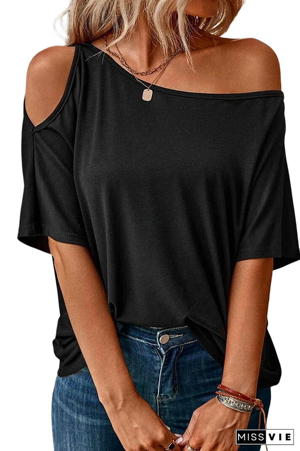 Black Solid Asymmetrical Neck Loose Casual T-Shirt