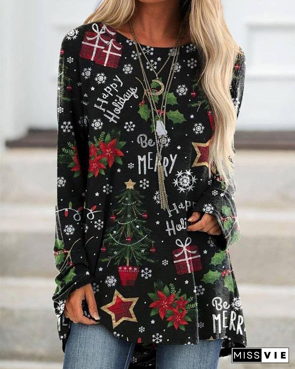 Cute Christmas Tree T-shirt Cartoon Print Crew Neck Top