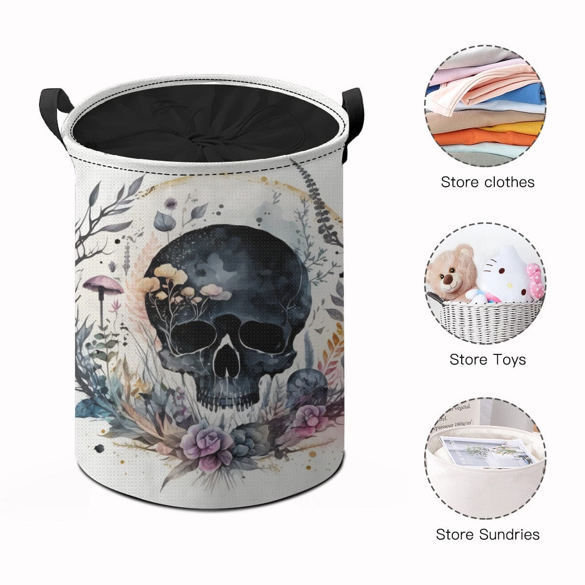 Watercolor Skull Dirty Laundry Basket With Drawstring Opening