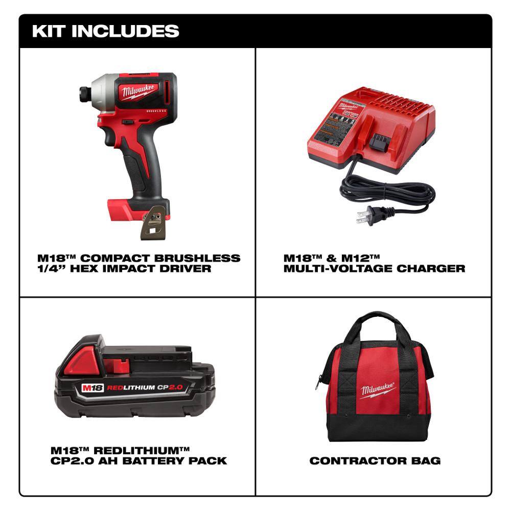 MW M18 18V Lithium-Ion Compact Brushless Cordless 14 in. Impact Driver Kit W (1) 2.0 Ah Battery Charger  Tool Bag 2850-21P