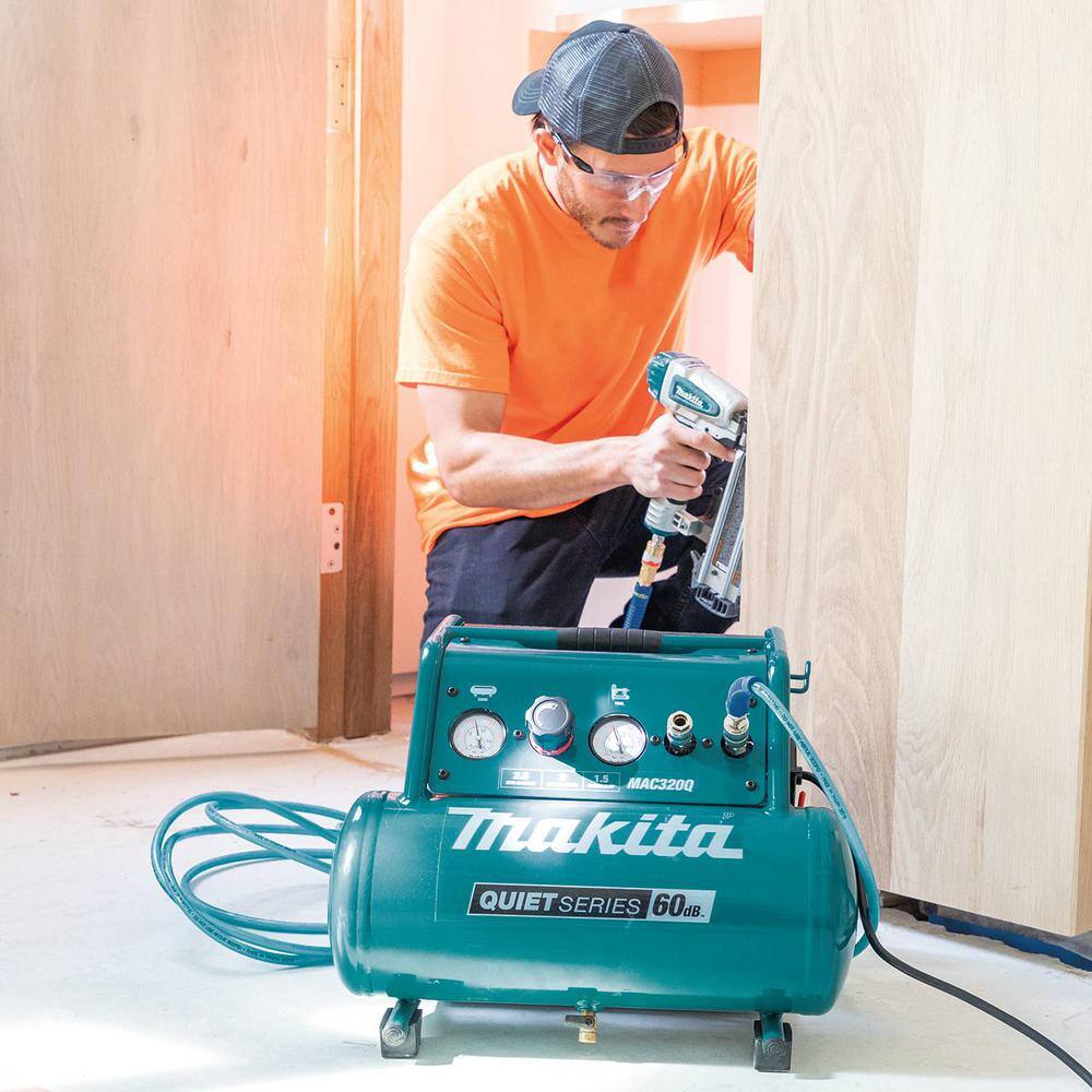 Makita 3 Gal. Quiet Series 1.5 HP Electric Oil-Free Air Compressor with Bonus Pneumatic 2 in. 18-Gauge Brad Nailer MAC320Q-AF506