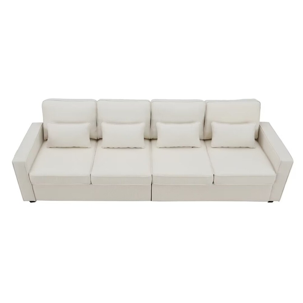 4 Seater Modern Linen Fabric Sofa with Armrest Pockets and 4 Pillows   9'5\