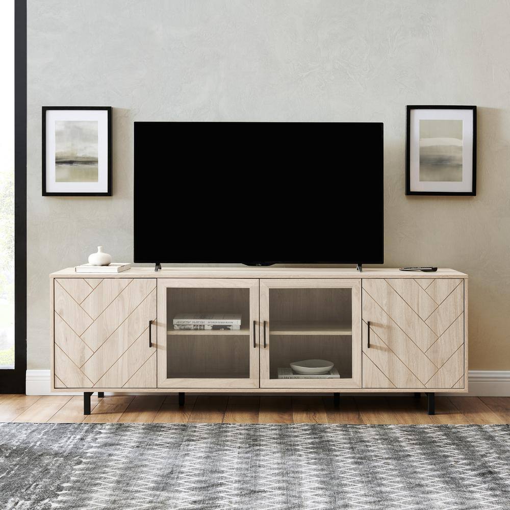 Welwick Designs 70 in. Birch Wood and Glass Modern Herringbone TV Stand with 4-Drawers (Max tv size 80 in.) HD8890