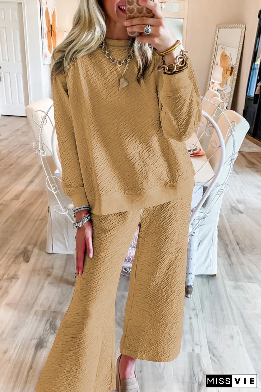 Light French Beige Textured Long Sleeve Top Drawstring Pants Set