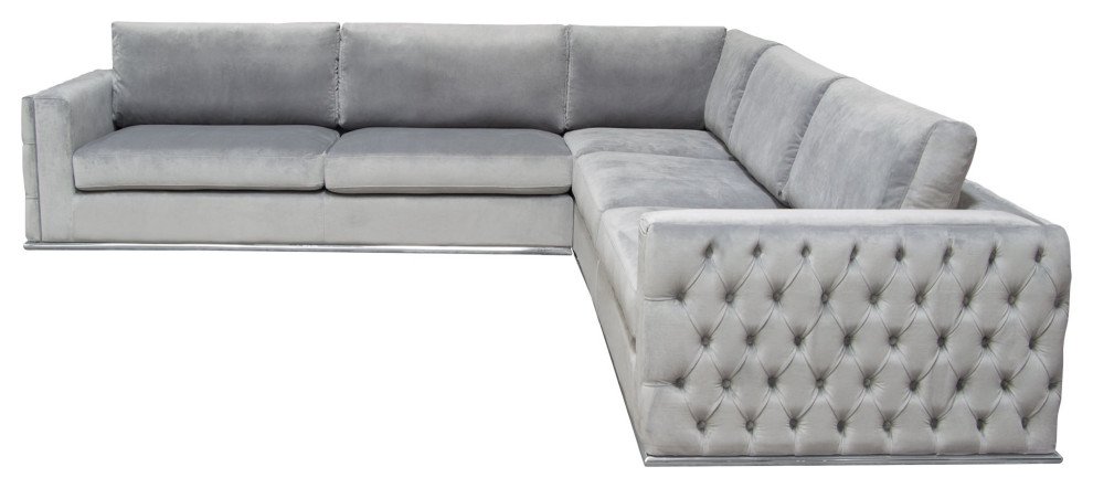 Envy 3 Piece Sectional  Platinum Gray Velvet With Detail and Silver Metal Trim   Contemporary   Sectional Sofas   by HedgeApple  Houzz