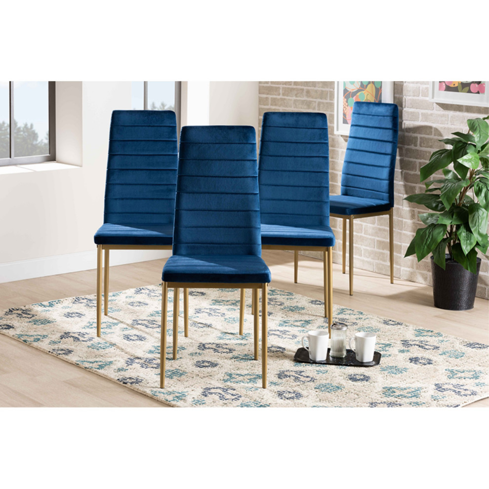 Armand Navy Blue Velvet Fabric and Gold Finished Metal 4 Piece Dining Chair Set   Contemporary   Dining Chairs   by VirVentures  Houzz