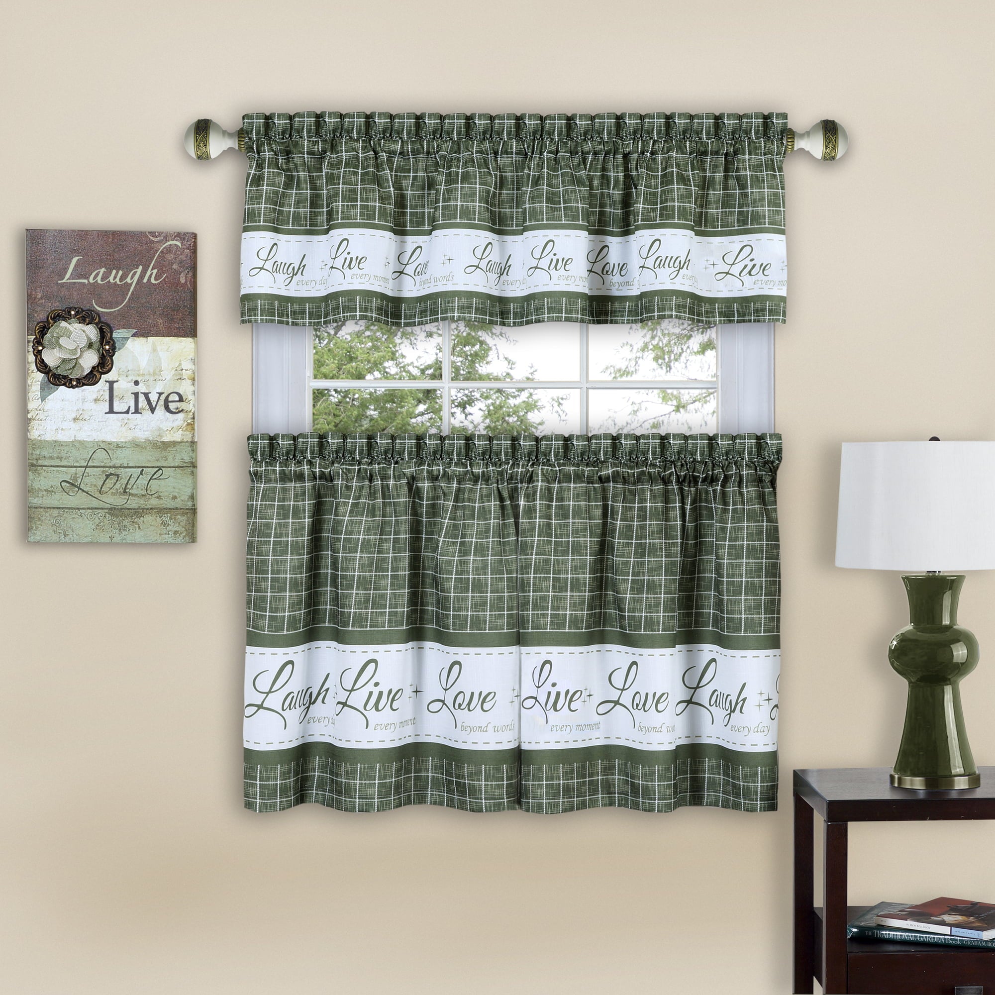 Gingham Check Live~Laugh~Love Complete 3 Pc. Kitchen Curtain Tier & Valance Set - Green, 24 in. Long