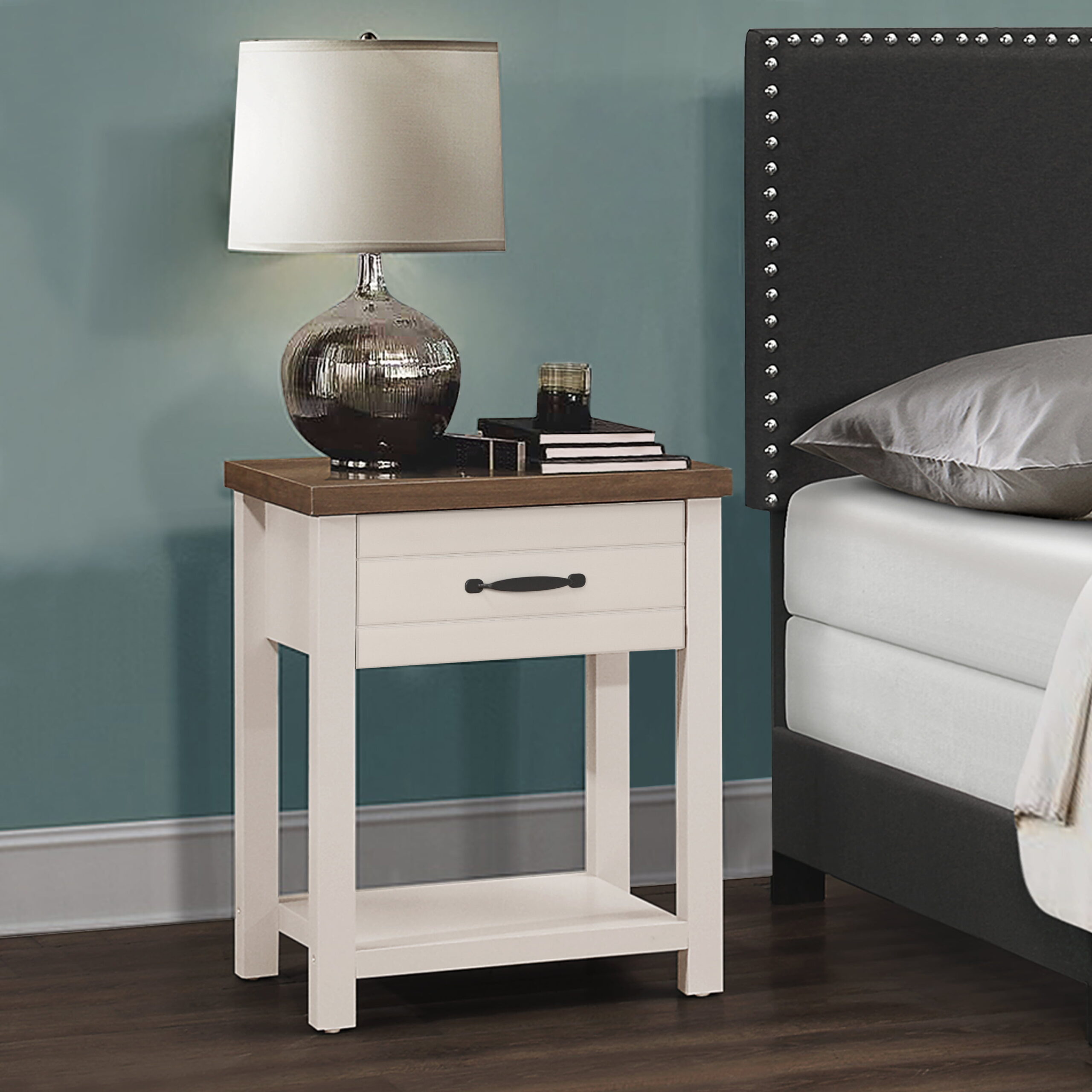 Lancaster Farmhouse Oak Top 1 Drawer Nightstand， Set of 2， Ivory