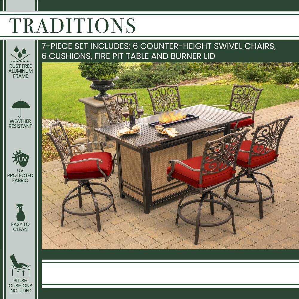 Hanover Traditions 7 Piece High Dining Set in Red with 30 000 BTU Fire Pit Table