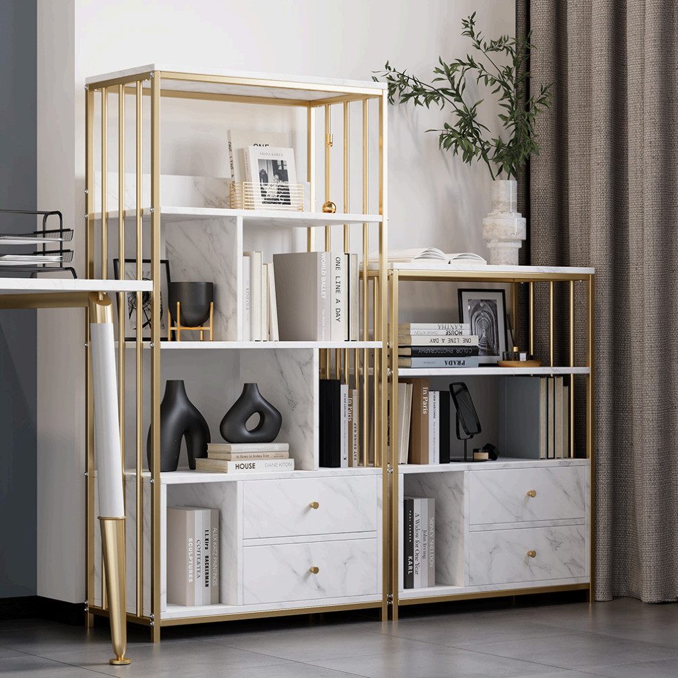 Modern Small Metal Etagere Bookshelf with 2 Drawers in White  ampGold   Contemporary   Bookcases   by Homary International Limited  Houzz