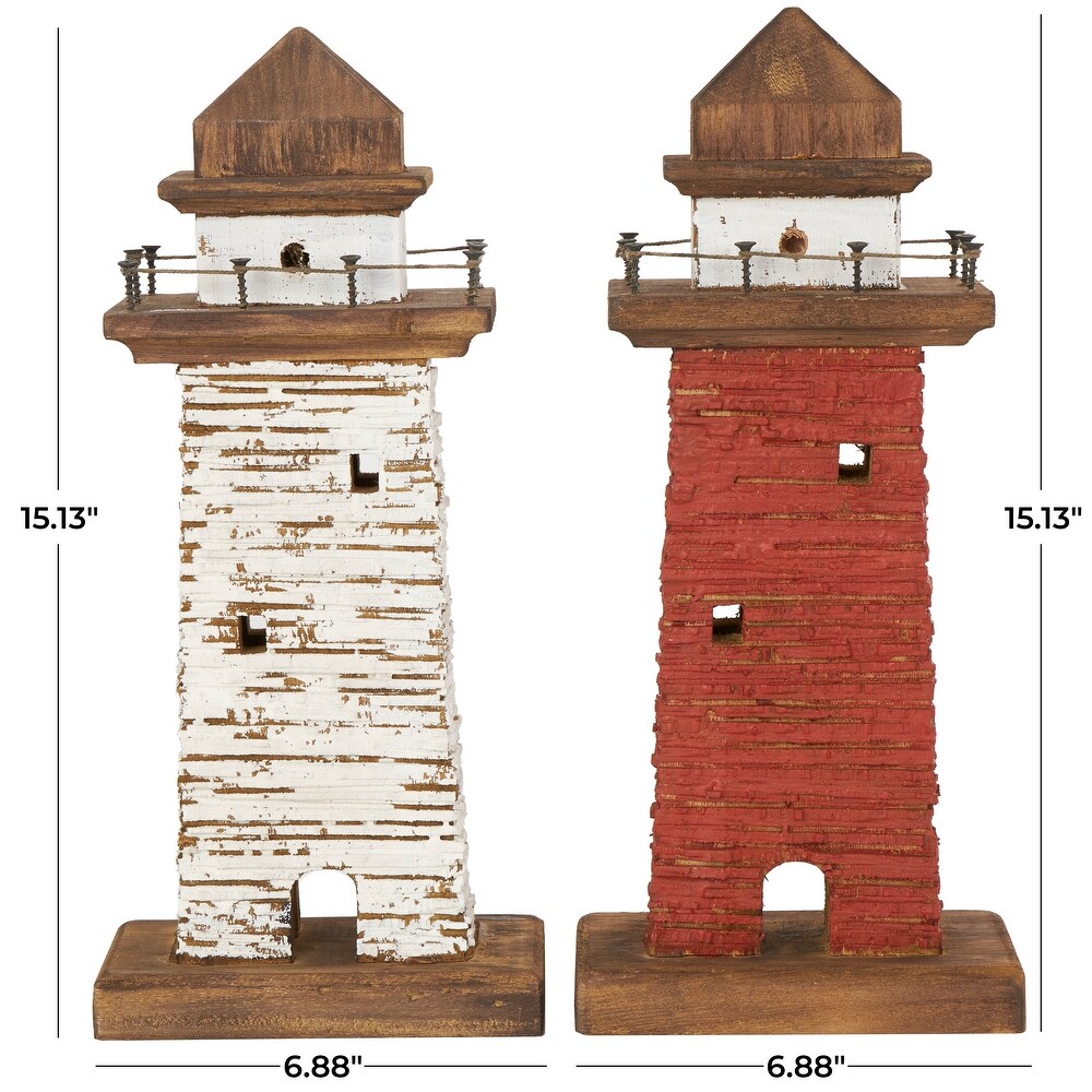 Red Wood Distressed Light House Sculpture with Cream and Brown Accents (Set of 2)