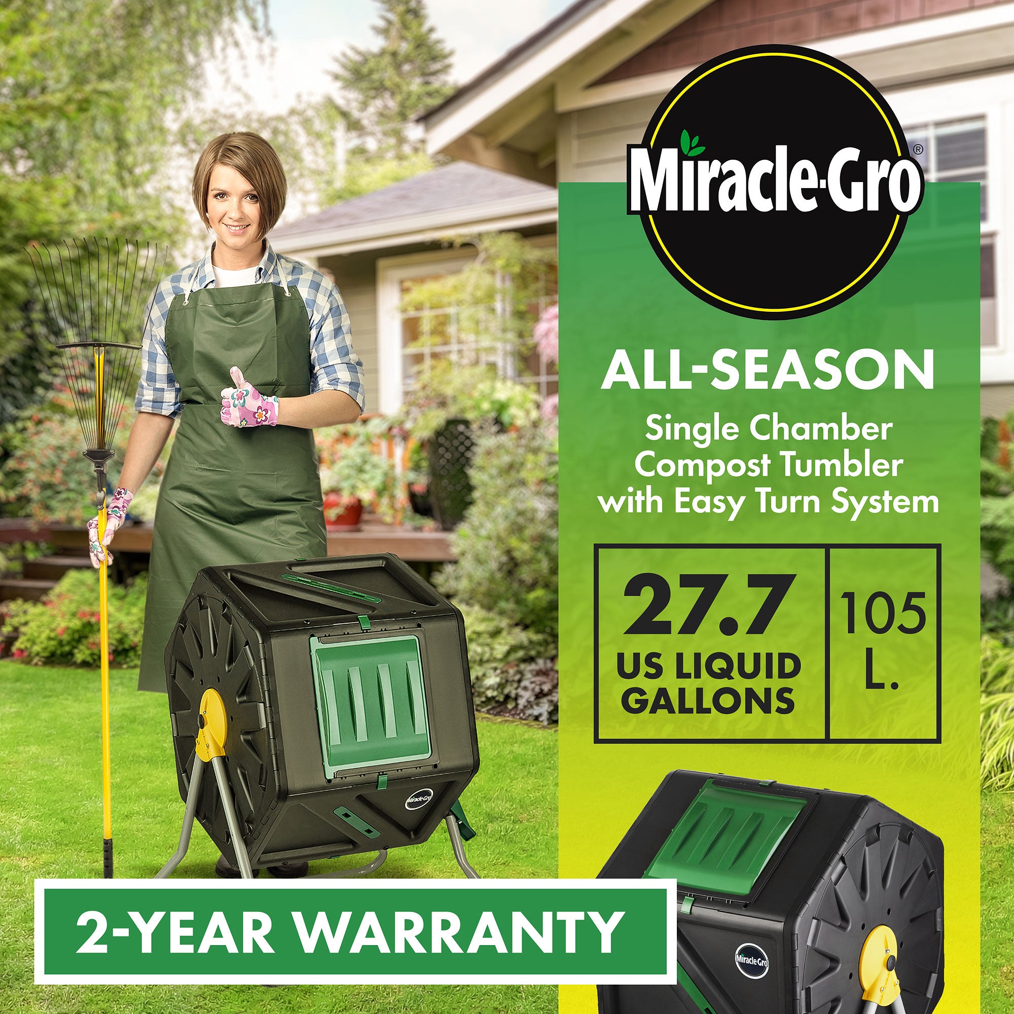 Miracle-Gro Single Chamber 28 Gal Black and Green Plastic Tumbler Composting Bin