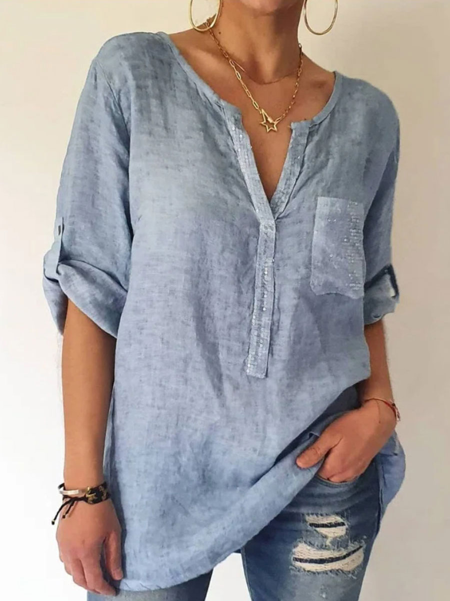 Round Neck Casual Loose Solid Color Long-sleeved Blouse