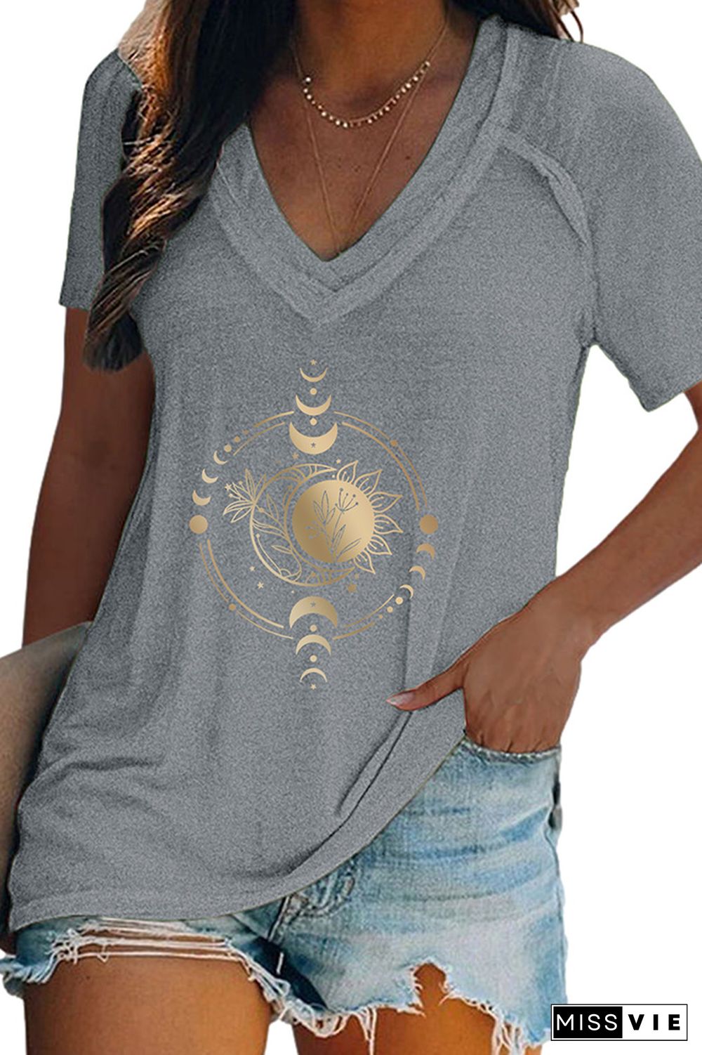 Sun And Moon Print V Neck Graphic Tee