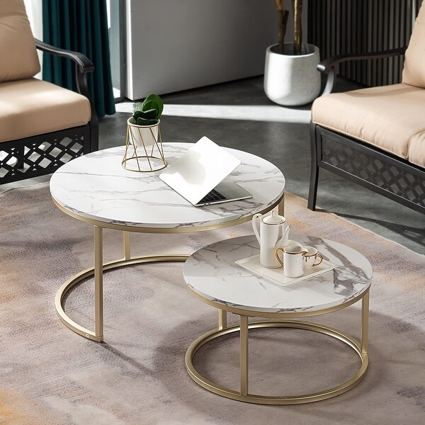 Modern Round Nesting Coffee Table Set， with 31.5 in White Faux Marble Top and Gold Metal Legs