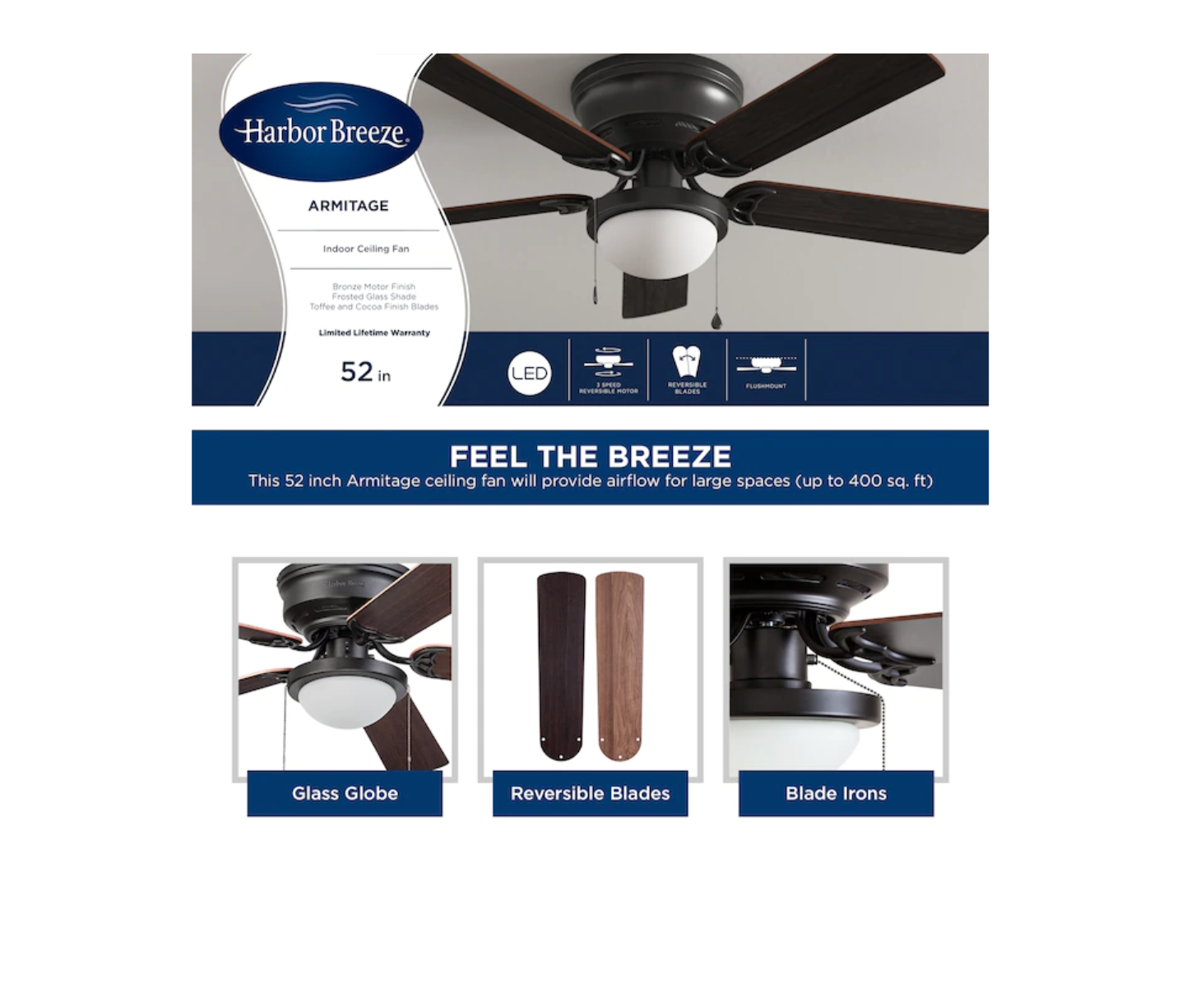 Harbor Breeze 41690 Armitage 52-in Bronze LED Indoor Flush Mount Ceiling Fan with Light (5-Blade)