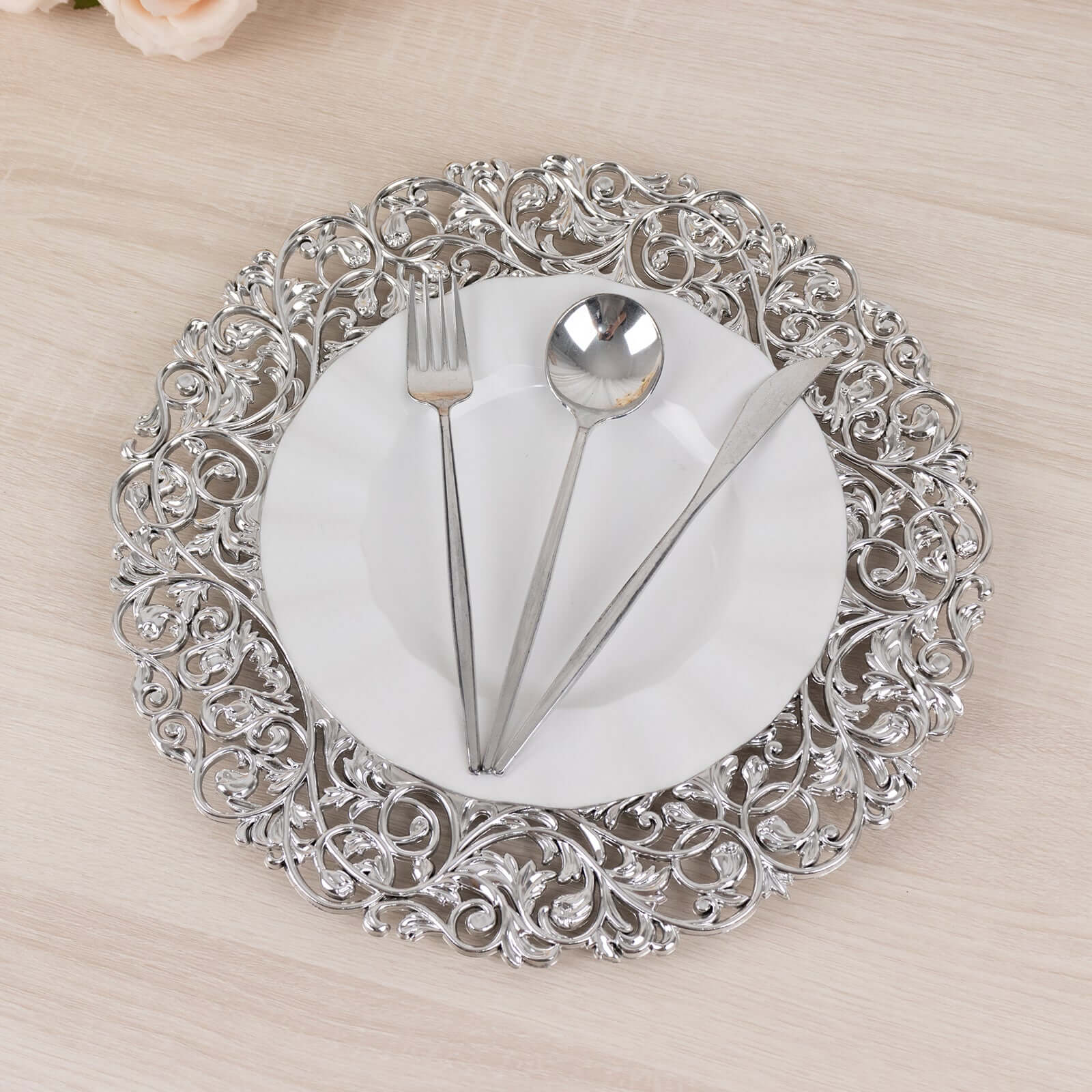 6 Pack Silver Vintage Floral Acrylic Charger Plates With Carved Borders, Round Dinner Charger Event Tabletop Decor - 13