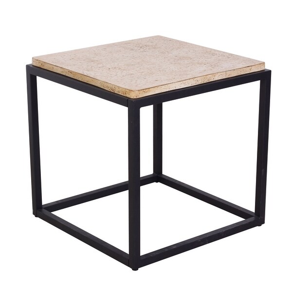 Travertine StoneLook Concrete Square Frame Side Table with Steel Base