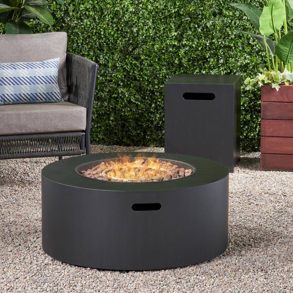 Noble House Wellington 15.25 in. x 19.75 in. Round Concrete Propane Fire Pit in Dark Grey with Tank Holder 70379