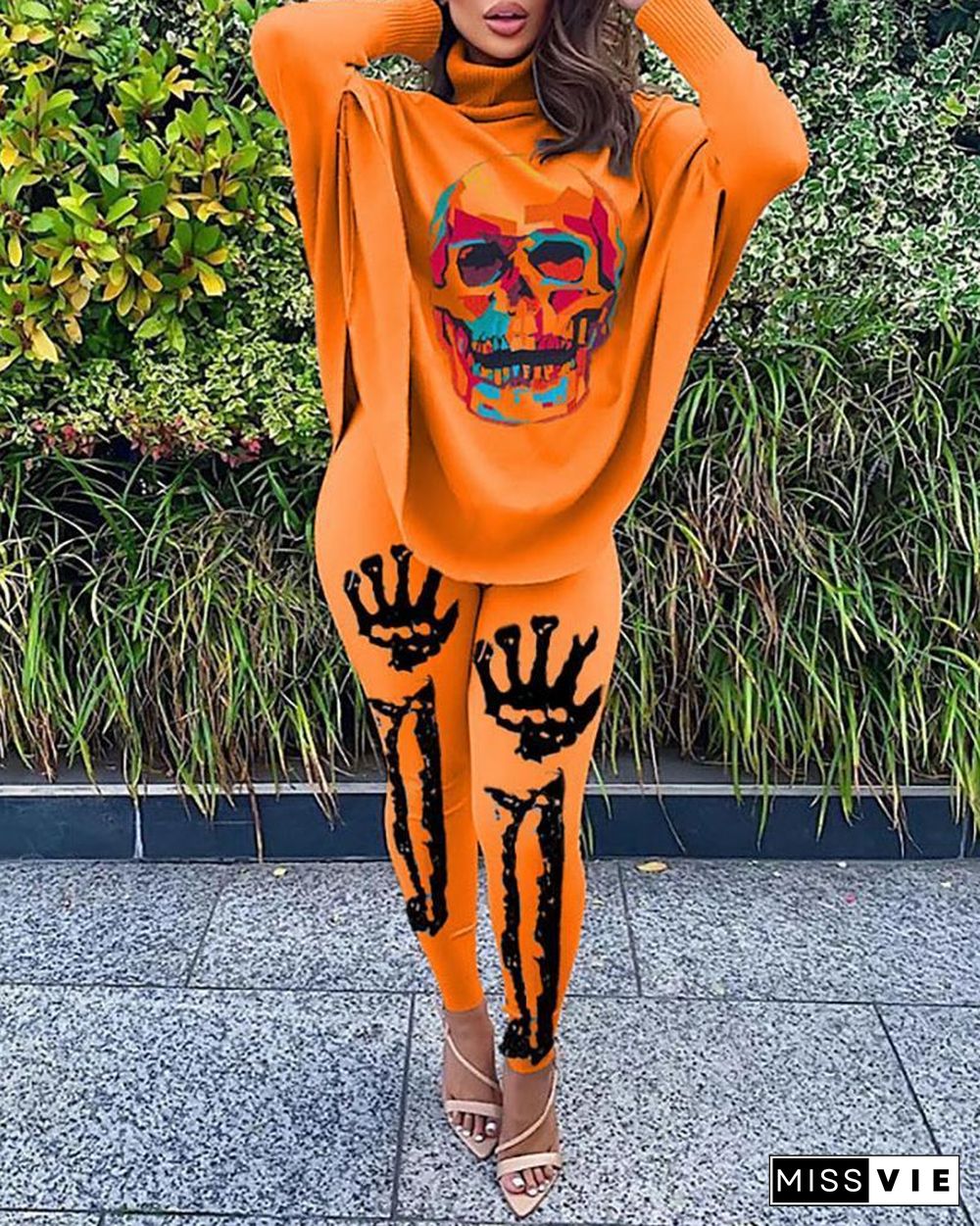 Halloween Skeleton Print High Neck Top & Pants Set P12215