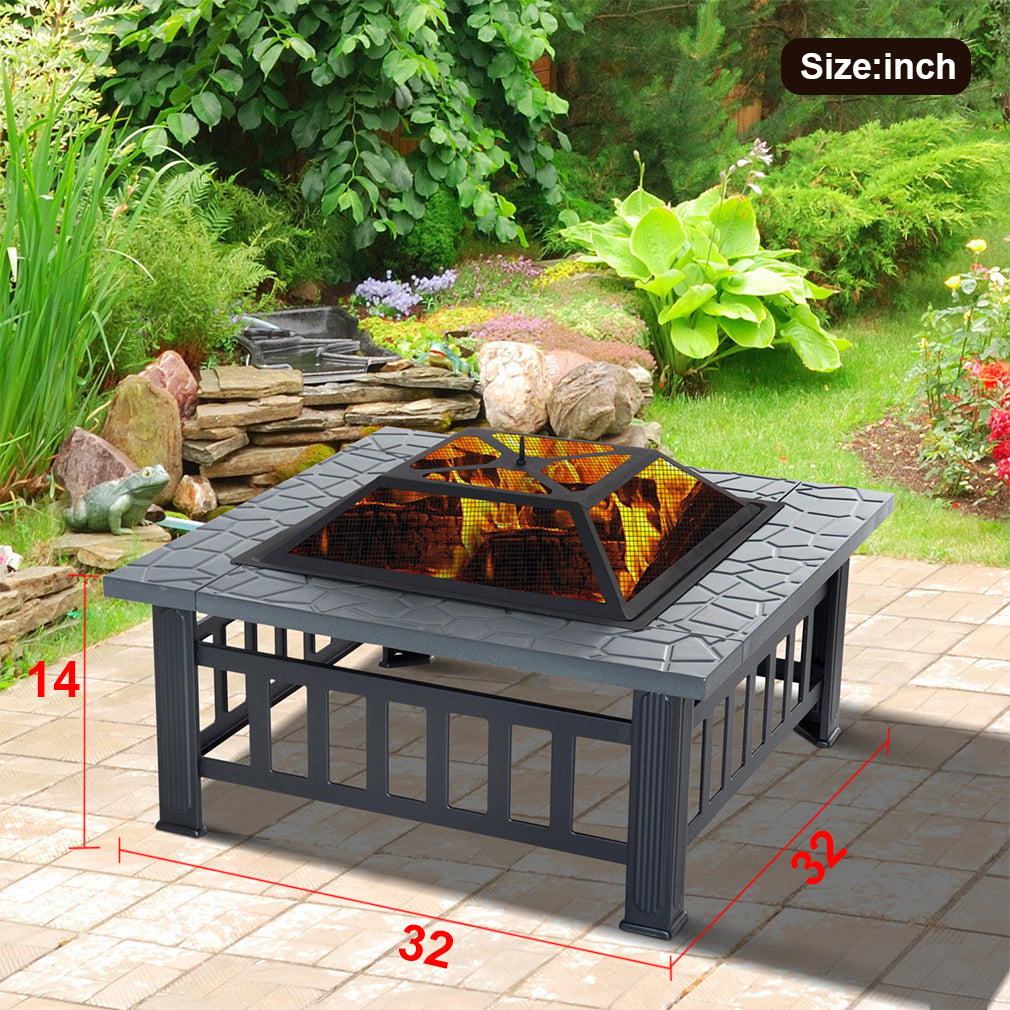 FDW 32" Outdoor Metal firepit for Patio Wood Burning Fireplace Square Garden Stove with Charcoal Rack, Poker & Mesh Cover for Camping