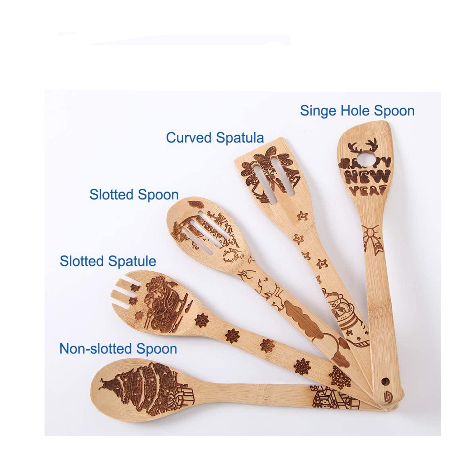 Christmas 5Pcs Wooden Spoons Utensil Set Cooking Utensils Natural Bamboo Kitchen Tools Slotted Spoon