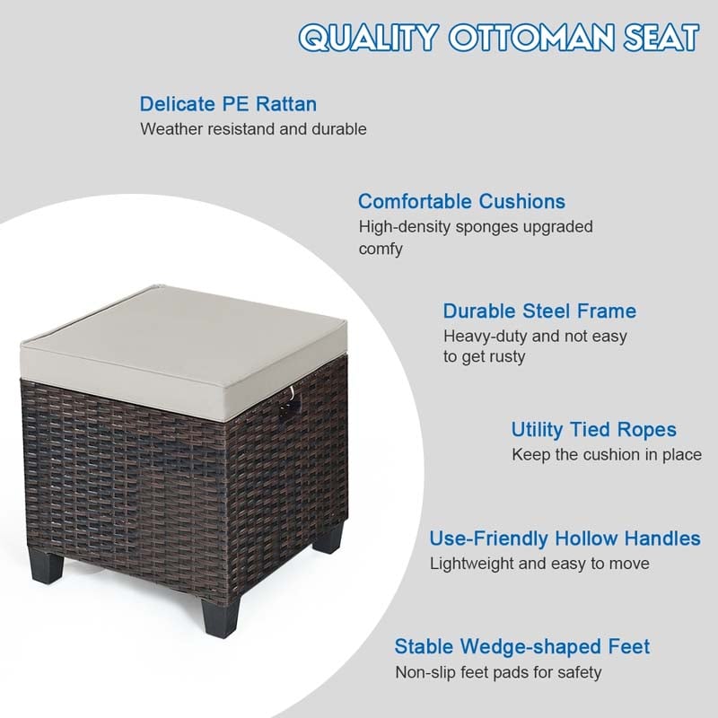 2 Pcs Rattan Patio Ottoman Set with Removable Cushions, All Weather Wicker Outdoor Footstool Footrest Seat