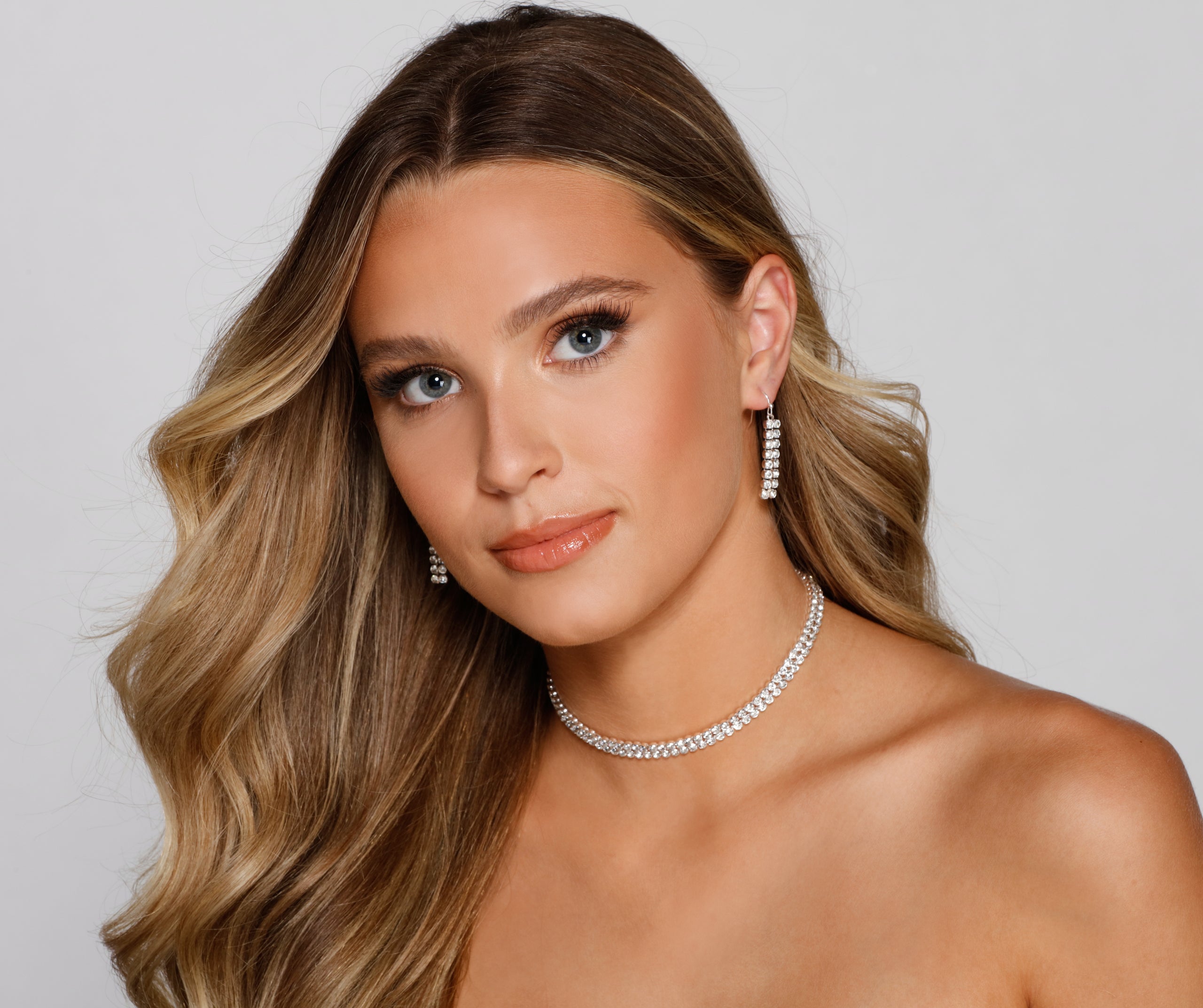 Triple Row Rhinestone Choker And Earrings Set