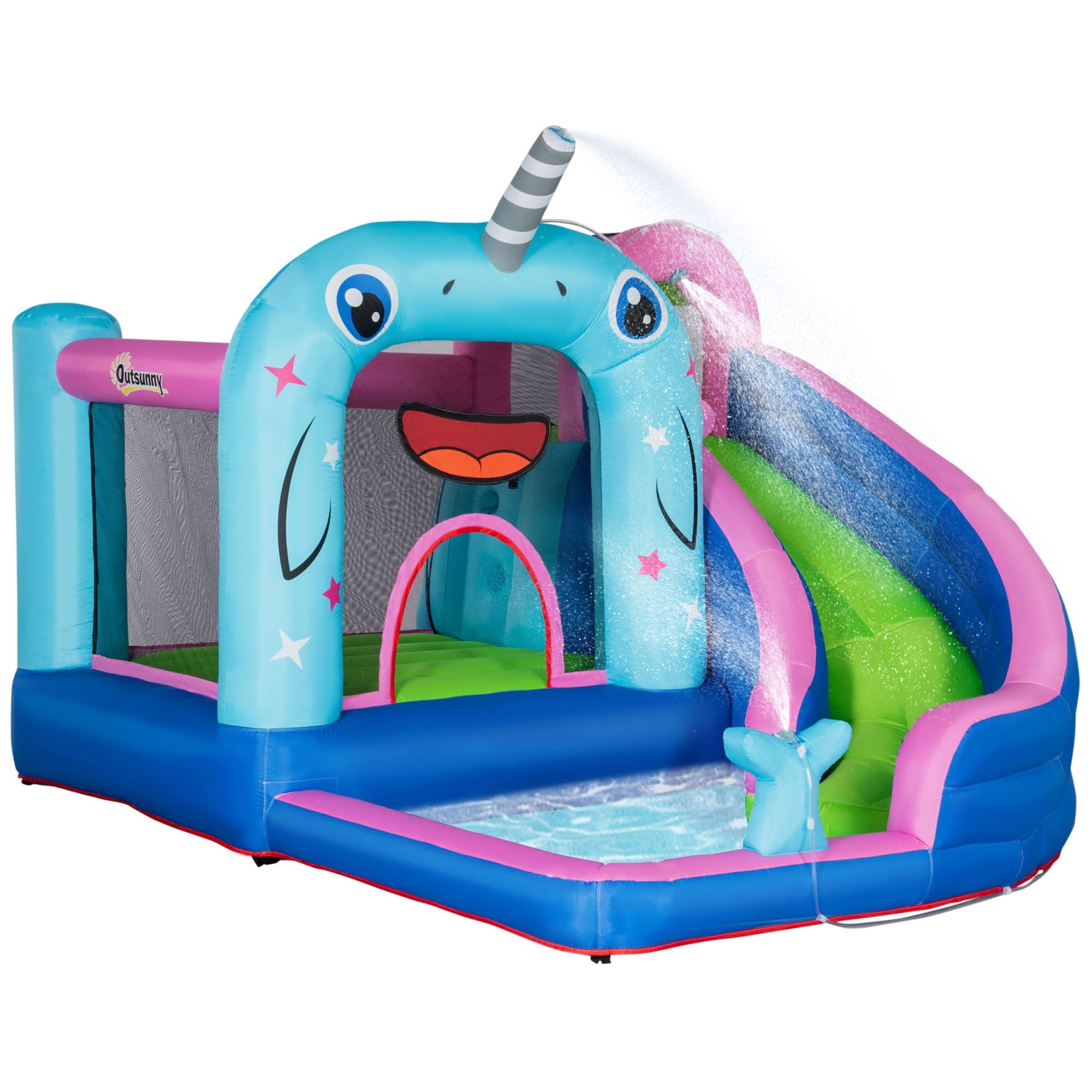 Outsunny 5-in-1 Water Slide Kids Inflatable Bounce House Narwhals Theme Water Park Includes Slide Trampoline Pool Cannon Climbing Wall with Carry Bag, Repair Patches without Air Blower