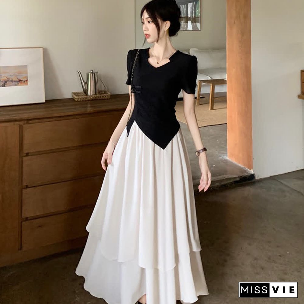 Vintage Buckle Irregular T-Shirt Layered Midi Skirt