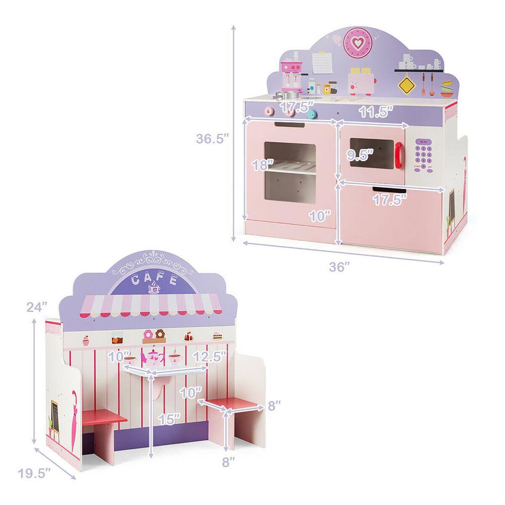 Costway 2-in-1 Kids Play Kitchen and Cafe Restaurant Wooden Pretend Cooking Playset Toy Pink HW64637