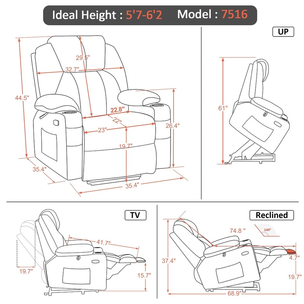 Large Power Lift Recliner Chair Sofa with Massage  Heat for Big and Tall People  Cup Holders Extended Footrest  Fabric 7516