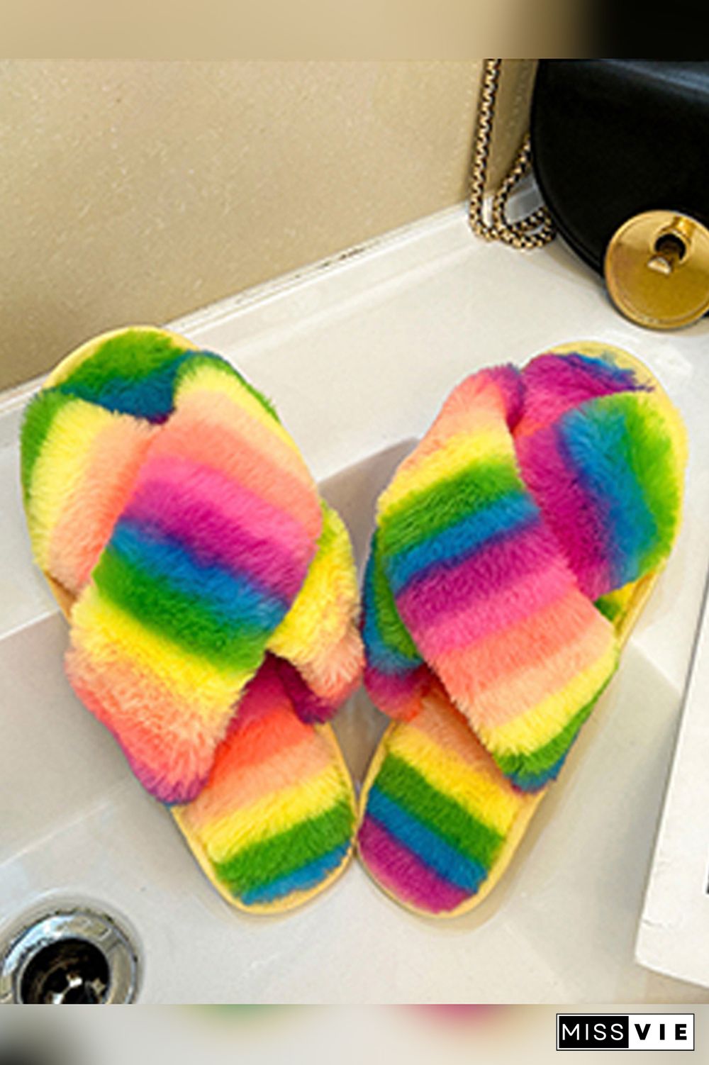 Multicolor Fluffy Criss-cross Home Slippers Wholesale